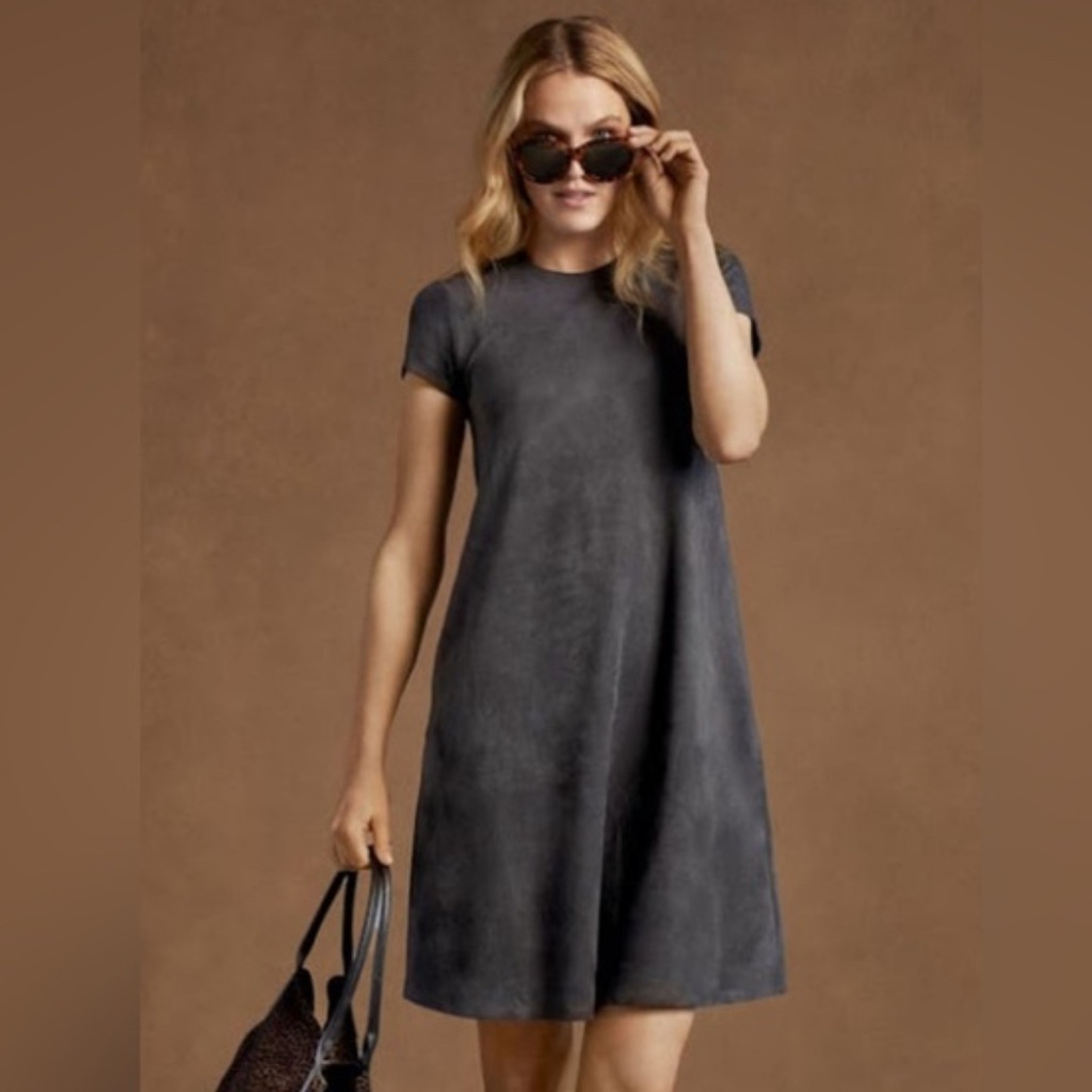J Mclaughlin M Designer Little Black A Line Faux Suede Dress Minimalist Preppy
